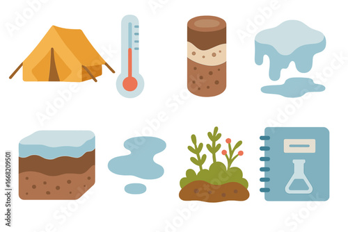 Arctic Research Icons. Flat vector mini-illustrations Arctic research on permafrost in colors children's