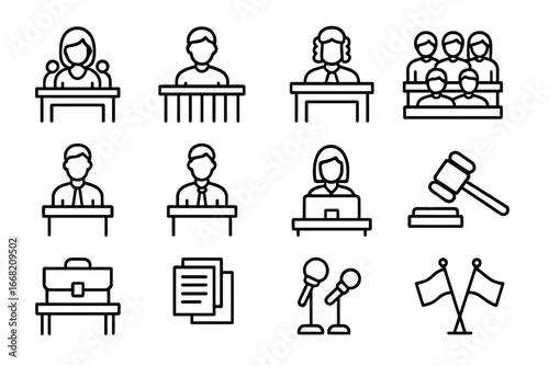 Courtroom Icons Grid. Outline icon set of courtroom scenes across countries: witness stand, defendant, judge,