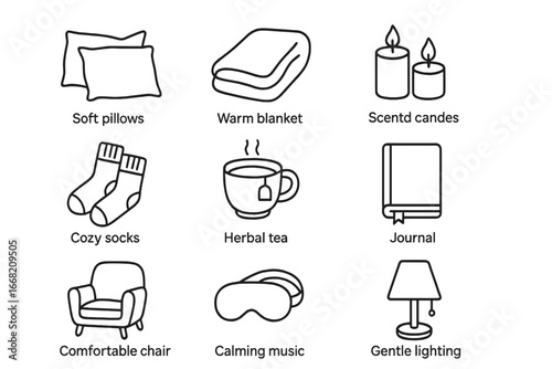 Cozy Essentials Icons. Outline icon set of nurturing environment items: soft pillows, warm blanket, scented