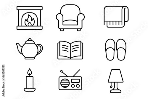 Cozy Evening Icons. Outline icon set of cozy evenings: fireplace, armchair, blanket, tea pot, book, slippers,