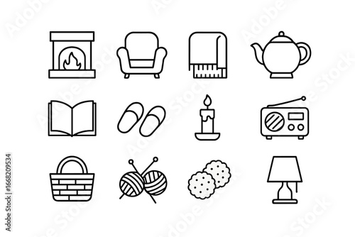 Cozy Evening Icons. Outline icon set of cozy evenings: fireplace, armchair, blanket, tea pot, book, slippers,