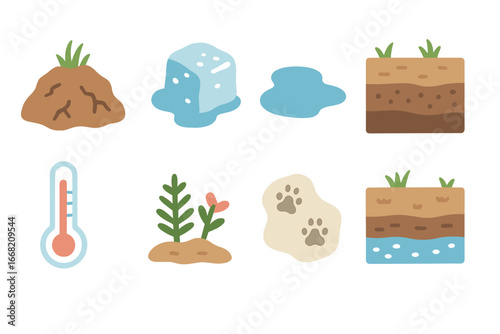 Thawing Soil Illustrations. Flat vector mini-illustrations Soil erosion in thawing regions in colors