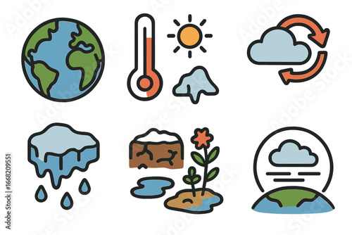 Climate Change Icons. Flat vector mini-illustrations Permafrost and global warming link in colors children's