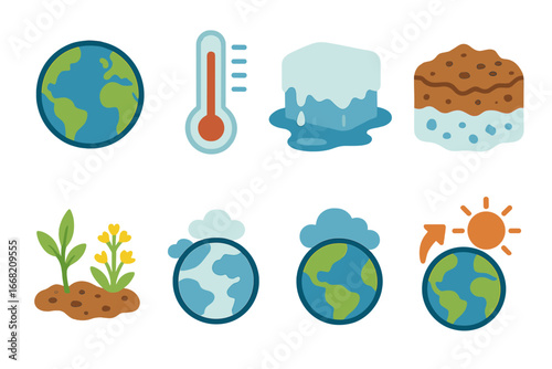 Climate Change Icons. Flat vector mini-illustrations Permafrost and global warming link in colors children's