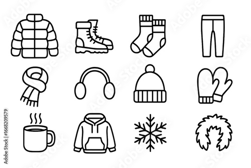 Cozy Winter Wardrobe Icons. Outline icon set of cozy winter wardrobe: puffer jacket, snow boots, wool socks,