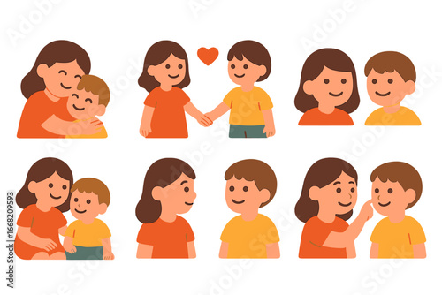 Sibling Love Illustrations. Flat vector mini-illustrations Affectionate moments between siblings in colors