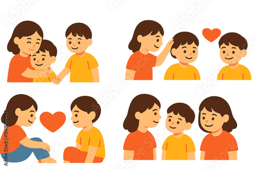 Sibling Love Illustrations. Flat vector mini-illustrations Affectionate moments between siblings in colors
