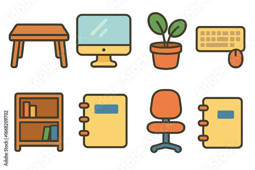 Child's Home Office Icons. Flat vector mini-illustrations Home office setup in colors children's illustrations