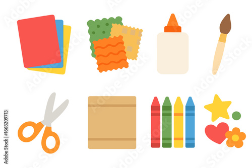 Classroom Art Supplies. Flat vector mini-illustrations Creative scrap art for classrooms in colors children's
