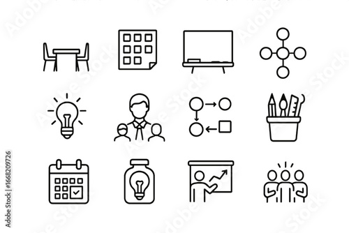 Creative Team Workshop Icons. Outline icon set of creative team workshops: workshop table, sticky notes wall,