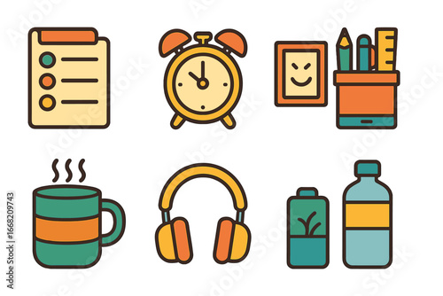 Remote Work Essentials. Flat vector mini-illustrations Remote productivity boosters in colors children's