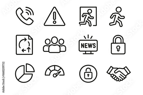 Crisis Management Icons. Outline icon set of crisis management: emergency phone, warning triangle, evacuation
