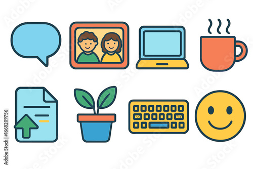 Virtual Workspace Icons. Flat vector mini-illustrations Virtual coworking space in colors children's