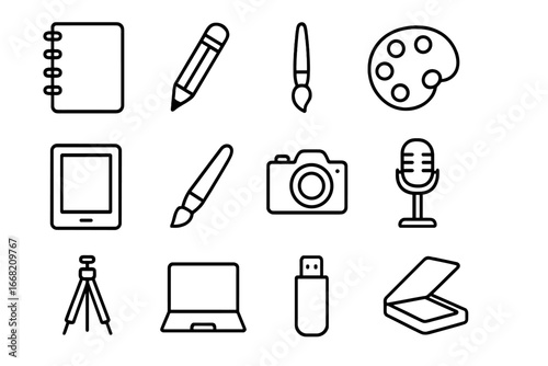 Creative Tools Icons Grid. Outline icon set of portable creative tools: sketchbook, pencil, paintbrush,