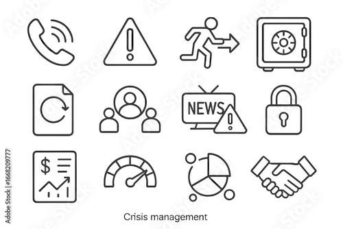 Crisis Management Icons. Outline icon set of crisis management: emergency phone, warning triangle, evacuation