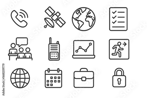 Crisis Management Icons. Outline icon set of crisis management and coordination: emergency phone, satellite,