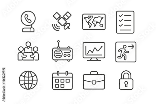 Crisis Management Icons. Outline icon set of crisis management and coordination: emergency phone, satellite,