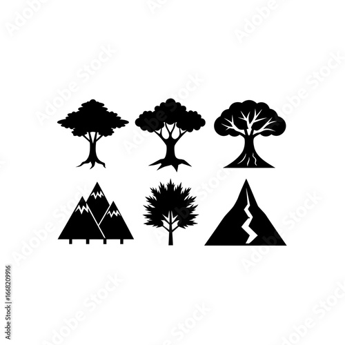 6 different volcanic forest tree silhouette vector