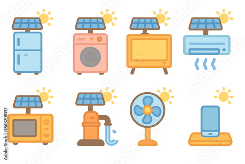 Solar-Powered Appliances Icons. Flat vector mini-illustrations Solar-powered appliances in colors children's