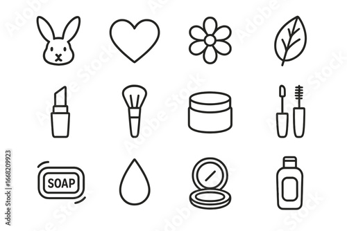 Cruelty-Free Beauty Icons. Outline icon set of cruelty-free beauty: bunny icon, heart, flower, leaf, lipstick,