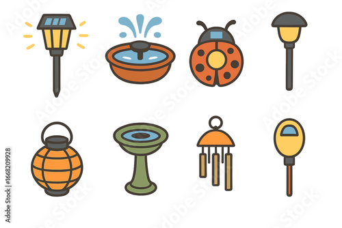 Solar Garden Icons. Flat vector mini-illustrations Solar garden devices in colors children's illustrations: