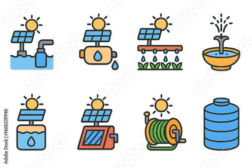 Solar Water Systems Icons. Flat vector mini-illustrations Solar water systems in colors children's