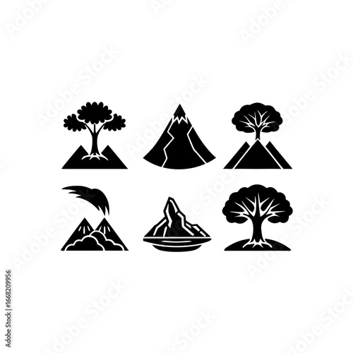 6 different volcanic landscape tree silhouette vec