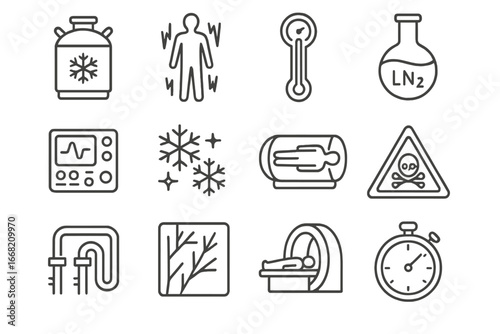 Cryonics Icon Set. Outline icon set of cryonics experiments: cryogenic tank, frozen human silhouette,