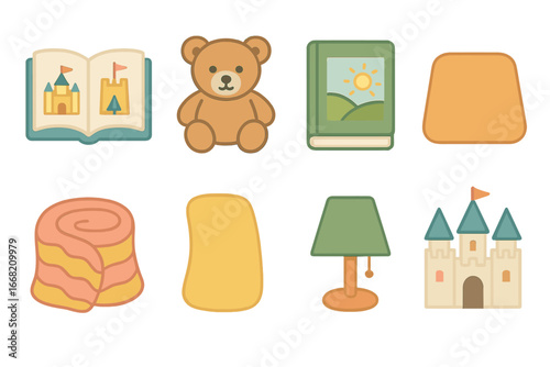 Children's Storytime Icons. Flat vector mini-illustrations Children's storytime in colors children's