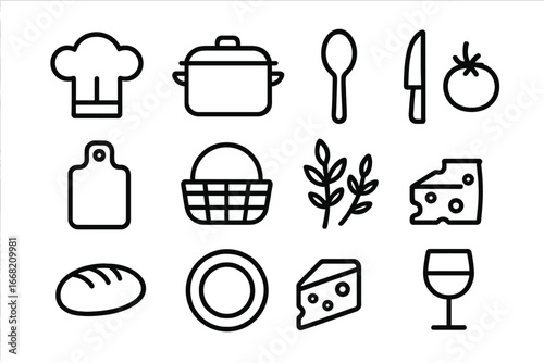 Culinary Workshop Icons. Outline icon set of culinary workshops on slow food: chef hat, pot, spoon, knife,