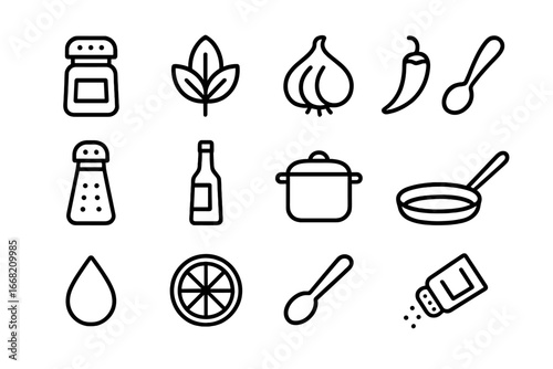 Culinary Icon Collection. Outline icon set of cooking and taste enhancement: spice jar, herb leaf, garlic