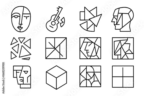 Cubism Icon Collection. Outline icon set of Cubism: abstract face, broken guitar, geometric shapes, multiple