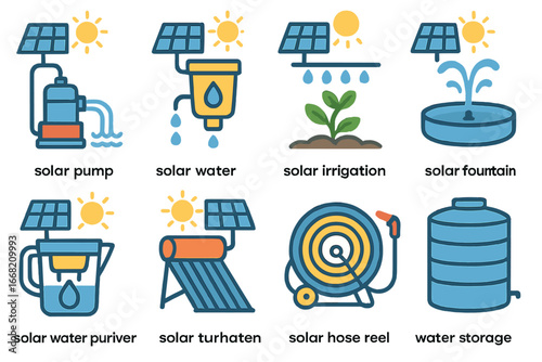 Solar Water Systems Icons. Flat vector mini-illustrations Solar water systems in colors children's