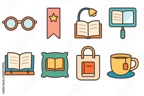 Child's Reading Essentials. Flat vector mini-illustrations Reading accessories in colors children's