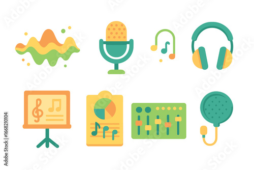 Musical Icons Grid. Flat vector mini-illustrations vocal layering in colors children's illustrations: sound