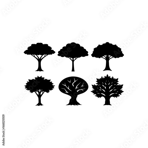 6 different wide canopy tree silhouette vector ico