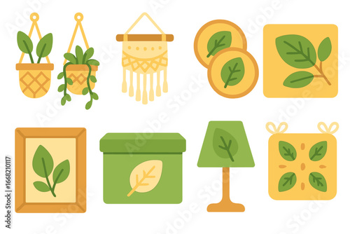 Eco-Friendly Décor Icons. Flat vector mini-illustrations eco-friendly home décor in colors children's