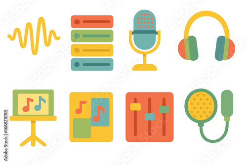 Musical Icons Grid. Flat vector mini-illustrations vocal layering in colors children's illustrations: sound