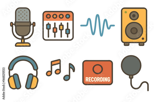 Kids' Recording Studio Icons. Flat vector mini-illustrations vocal recording studio in colors children's