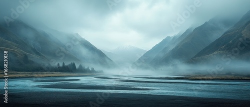 Misty Mountain Valley with Winding River