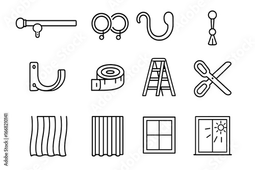 Curtain Accessories Icons. Outline icon set of curtain accessories and tools: curtain rod, curtain rings, wall