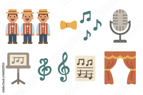Barbershop Quartet Harmony. Flat vector mini-illustrations barbershop quartets in colors children's