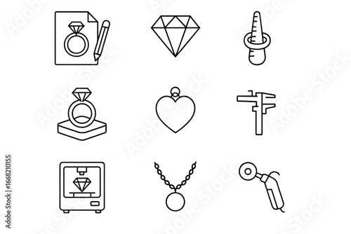Custom Jewelry Icons. Outline icon set of custom jewelry orders: sketch, gemstone, ring mandrel, wax mold,