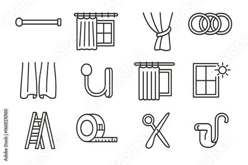 Curtain Icon Collection. Outline icon set of hanging lighter curtains: curtain rod, sheer curtain, window