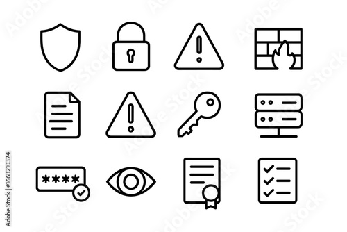 Cybersecurity Icon Set. Outline icon set of cybersecurity policies: shield, padlock, fingerprint, firewall,