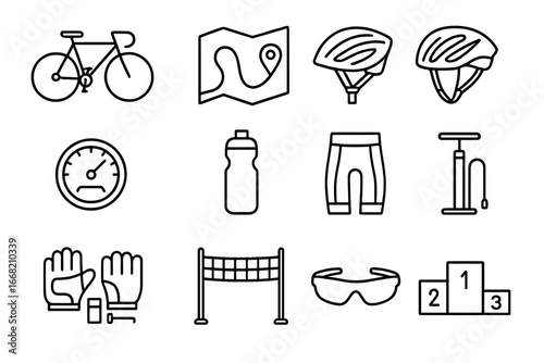 Cycling Gear Icons. Outline icon set of road cycling competition: racing bike, road map, helmet, speedometer,