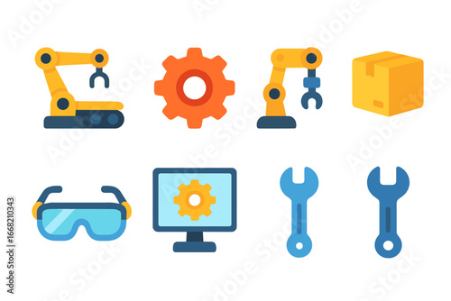Robot Assembly Line Icons. Flat vector mini-illustrations assembly line robots in colors children's