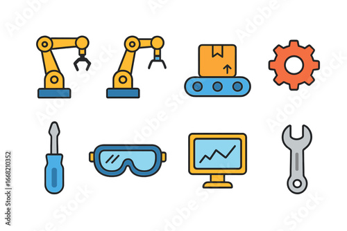 Robot Assembly Line Icons. Flat vector mini-illustrations assembly line robots in colors children's