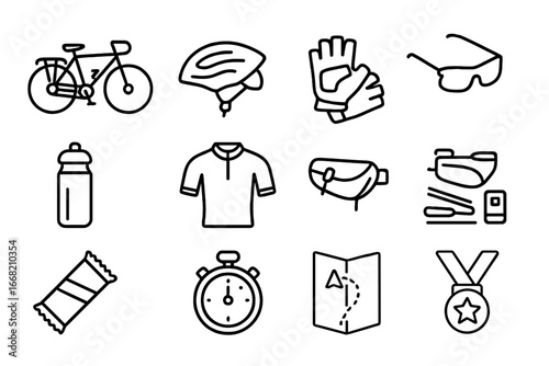 Cycling Gear Icons. Outline icon set of endurance cycling event: touring bike, helmet, gloves, sunglasses,