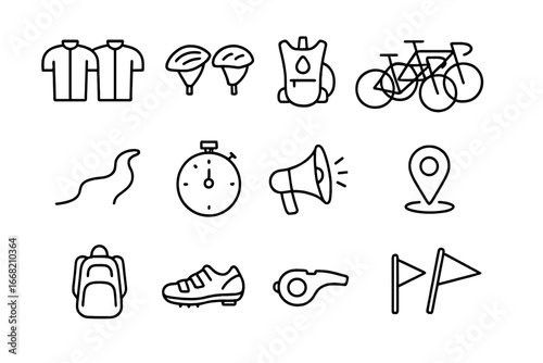 Cycling Gear Icons. Outline icon set of group cycling: team jerseys, helmets, hydration pack, road bikes,